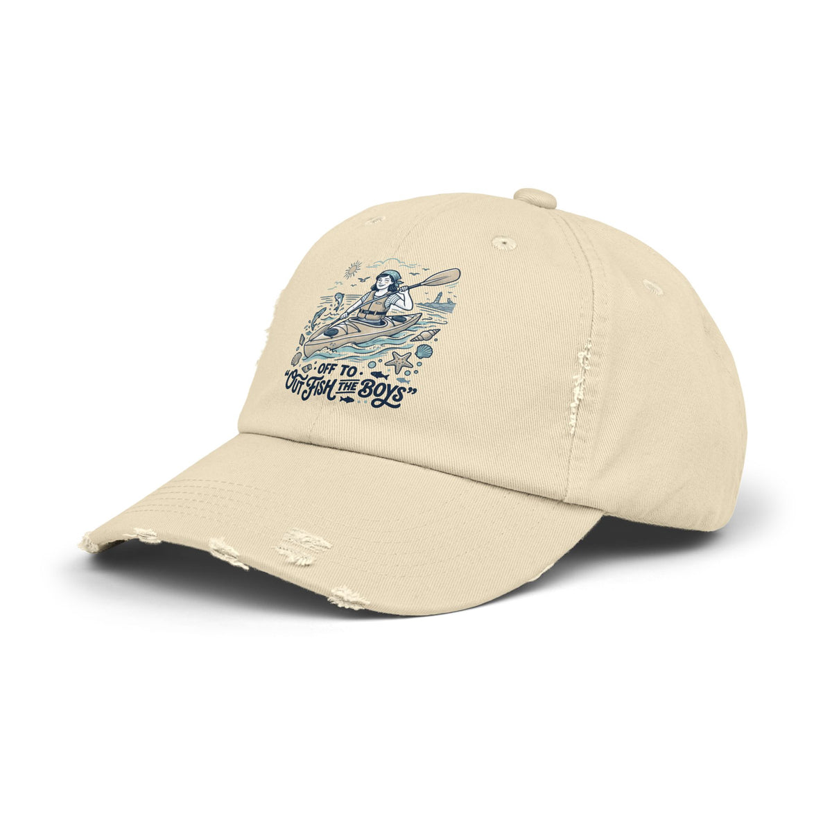 Distressed Cap - "Out to Outfish the Boys" Kayak Fishing Vintage Dad Hat