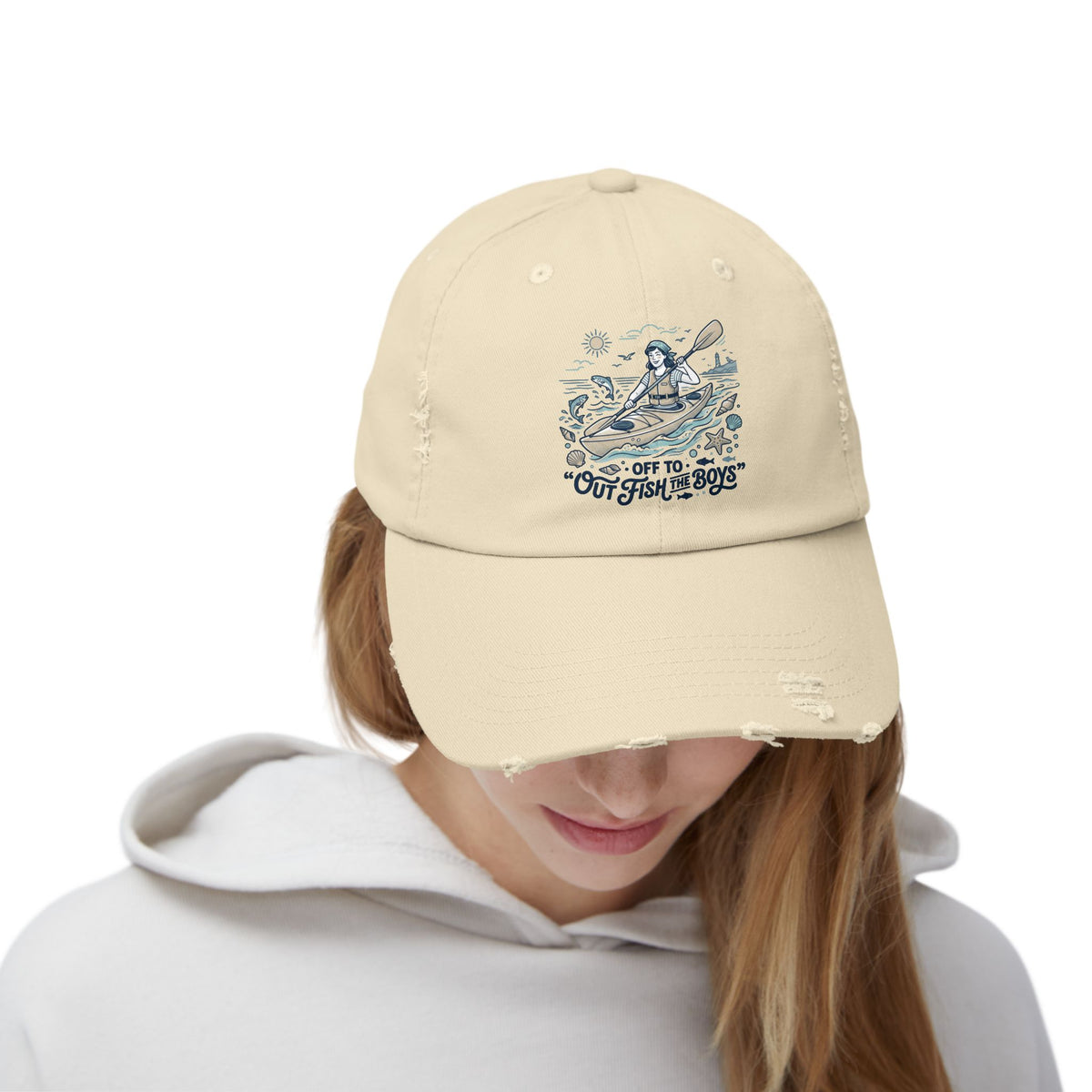Distressed Cap - "Out to Outfish the Boys" Kayak Fishing Vintage Dad Hat