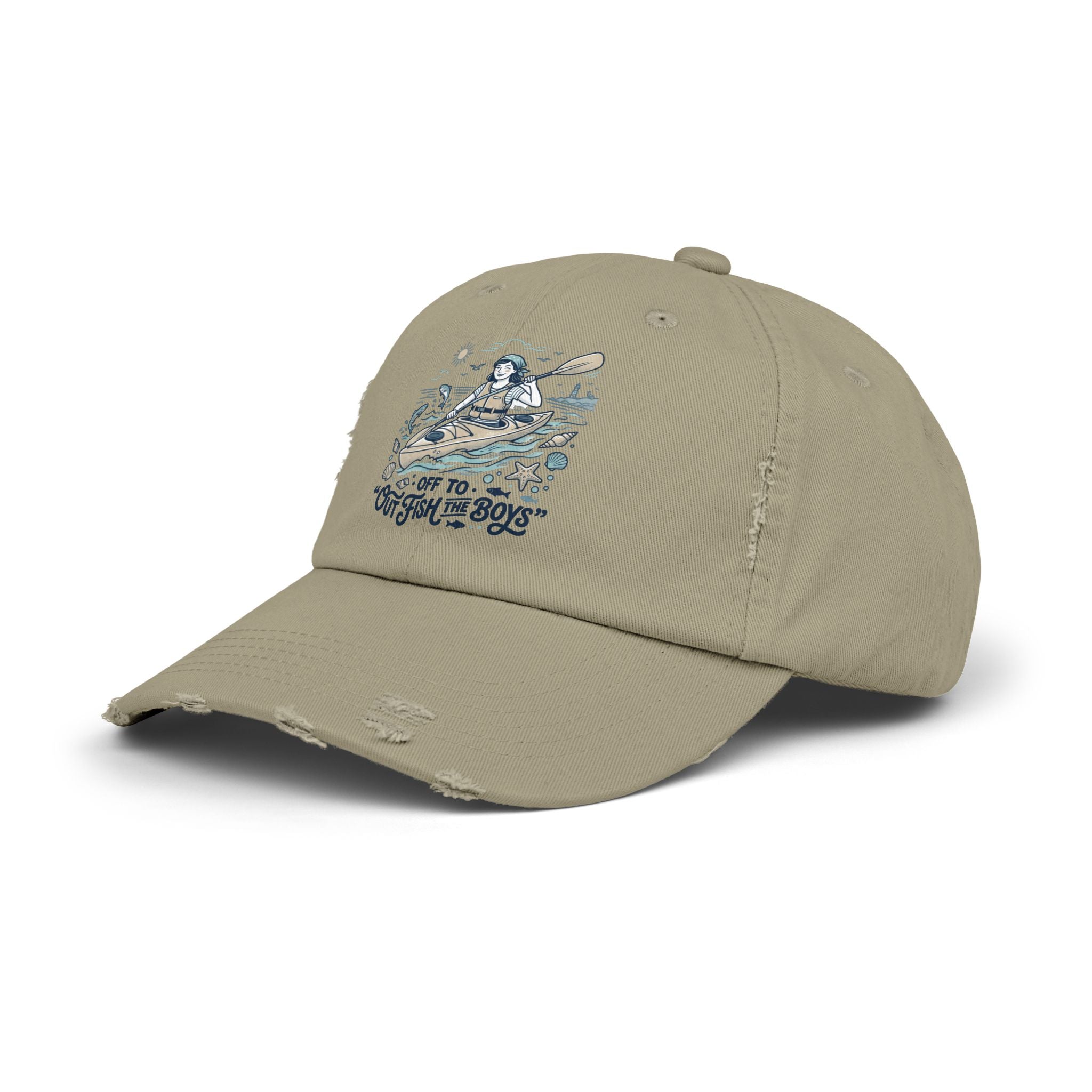 Distressed Cap - "Out to Outfish the Boys" Kayak Fishing Vintage Dad Hat
