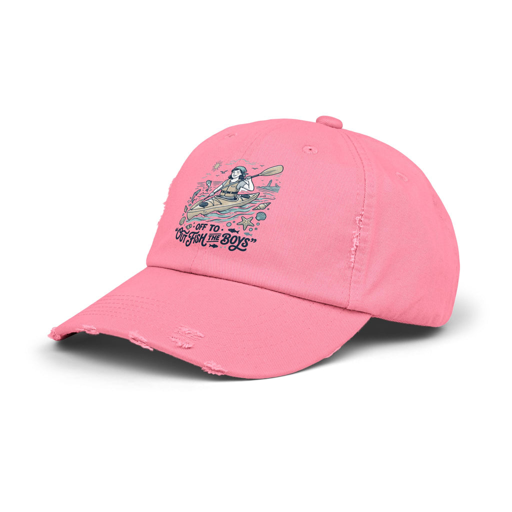 Distressed Cap - "Out to Outfish the Boys" Kayak Fishing Vintage Dad Hat