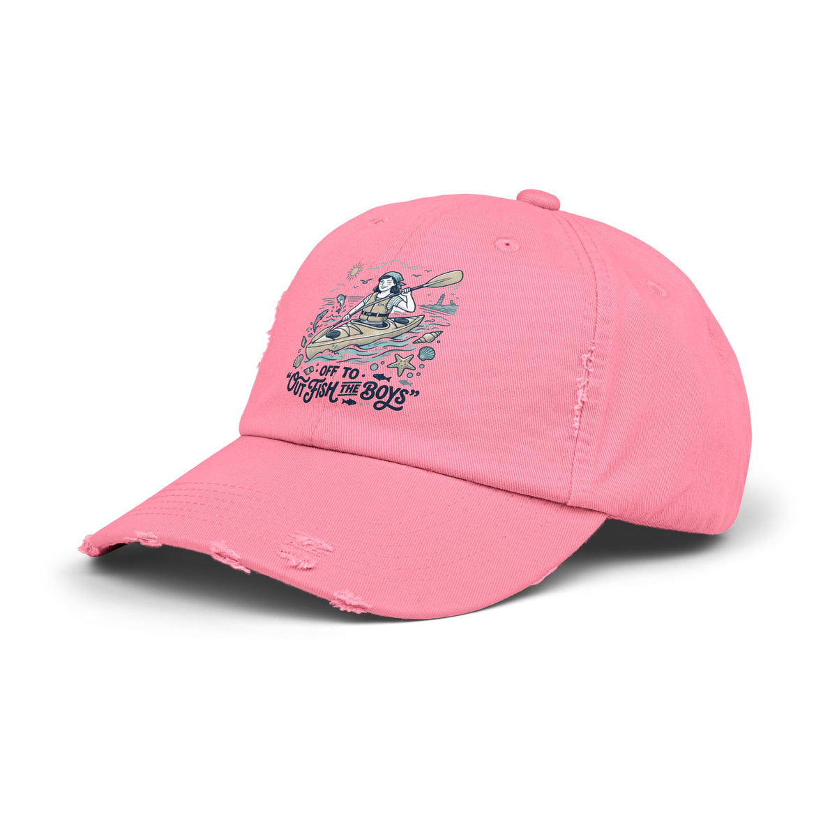 Distressed Cap - "Out to Outfish the Boys" Kayak Fishing Vintage Dad Hat