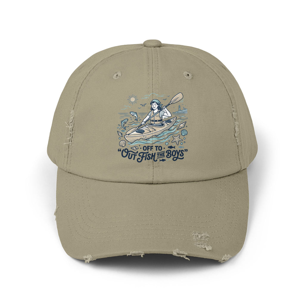 Distressed Cap - "Out to Outfish the Boys" Kayak Fishing Vintage Dad Hat
