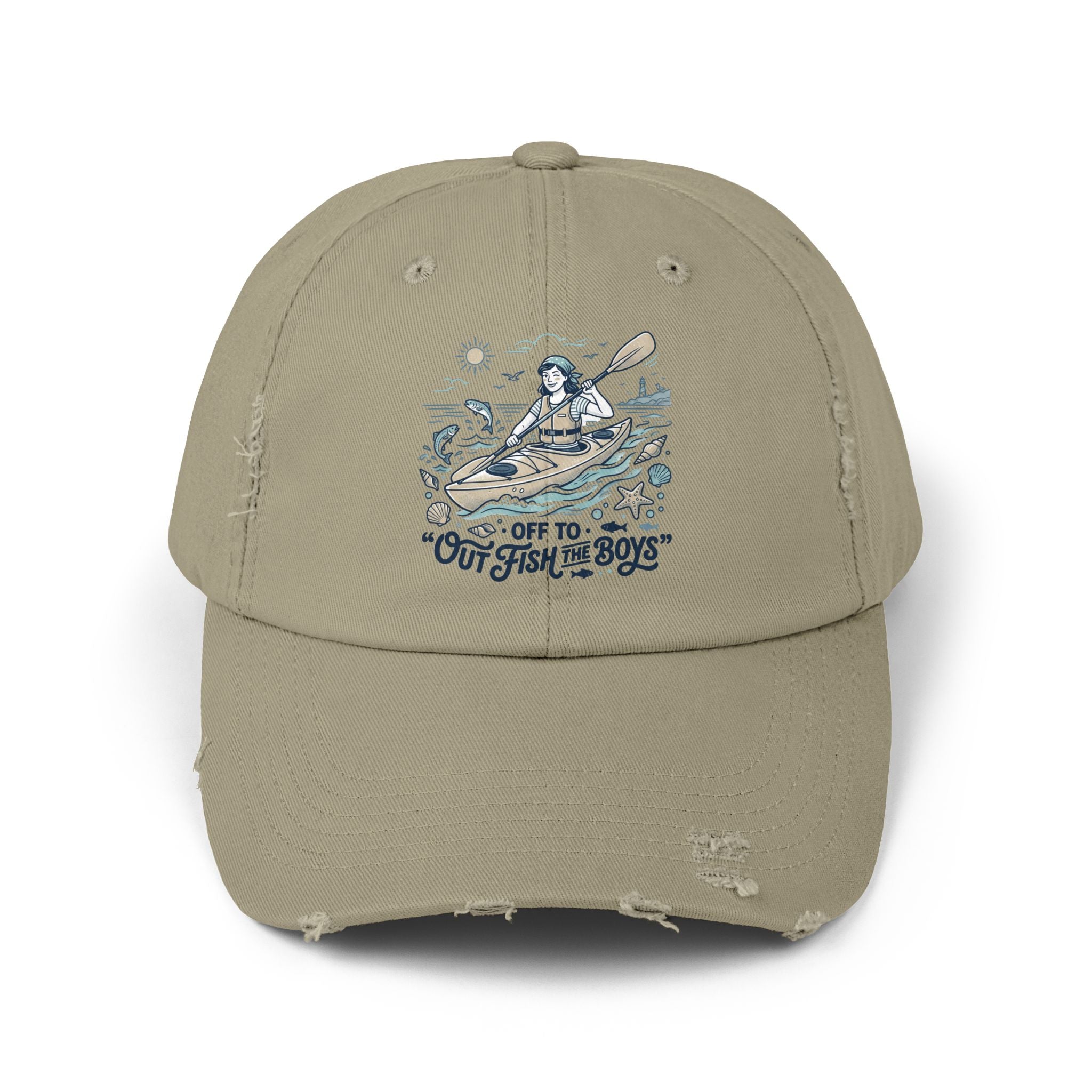 Distressed Cap - "Out to Outfish the Boys" Kayak Fishing Vintage Dad Hat