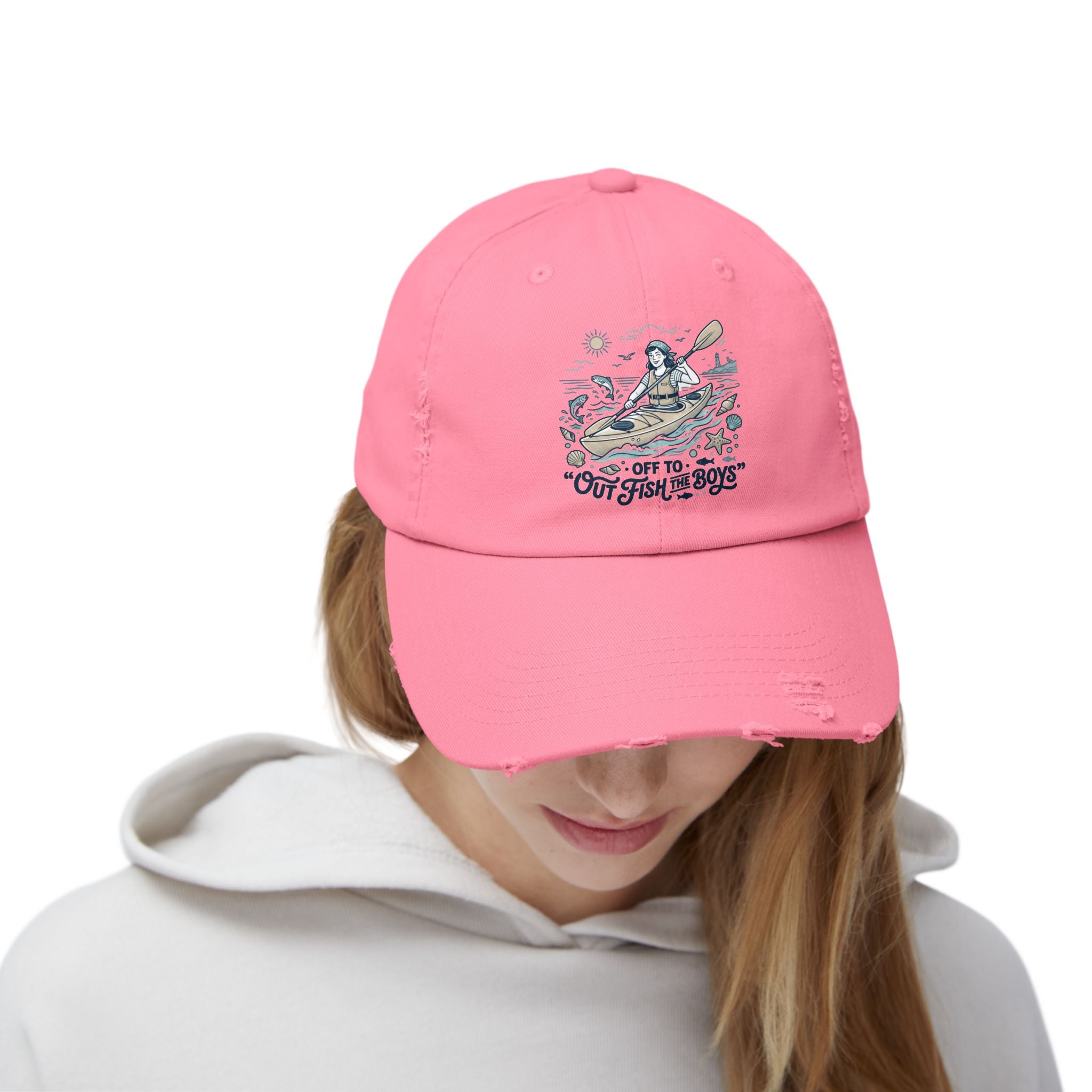 Distressed Cap - "Out to Outfish the Boys" Kayak Fishing Vintage Dad Hat
