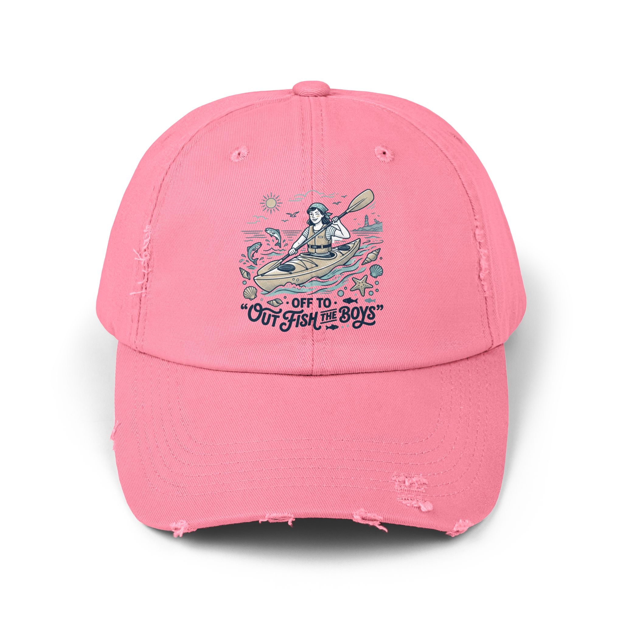 Distressed Cap - "Out to Outfish the Boys" Kayak Fishing Vintage Dad Hat