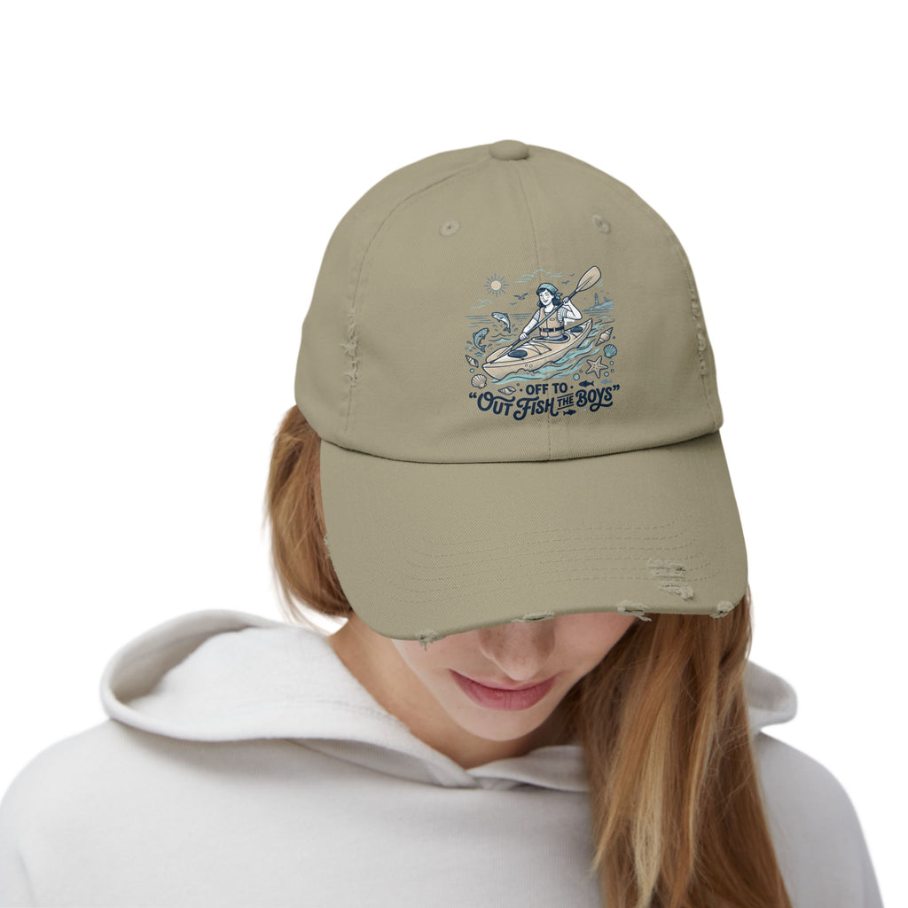 Distressed Cap - "Out to Outfish the Boys" Kayak Fishing Vintage Dad Hat