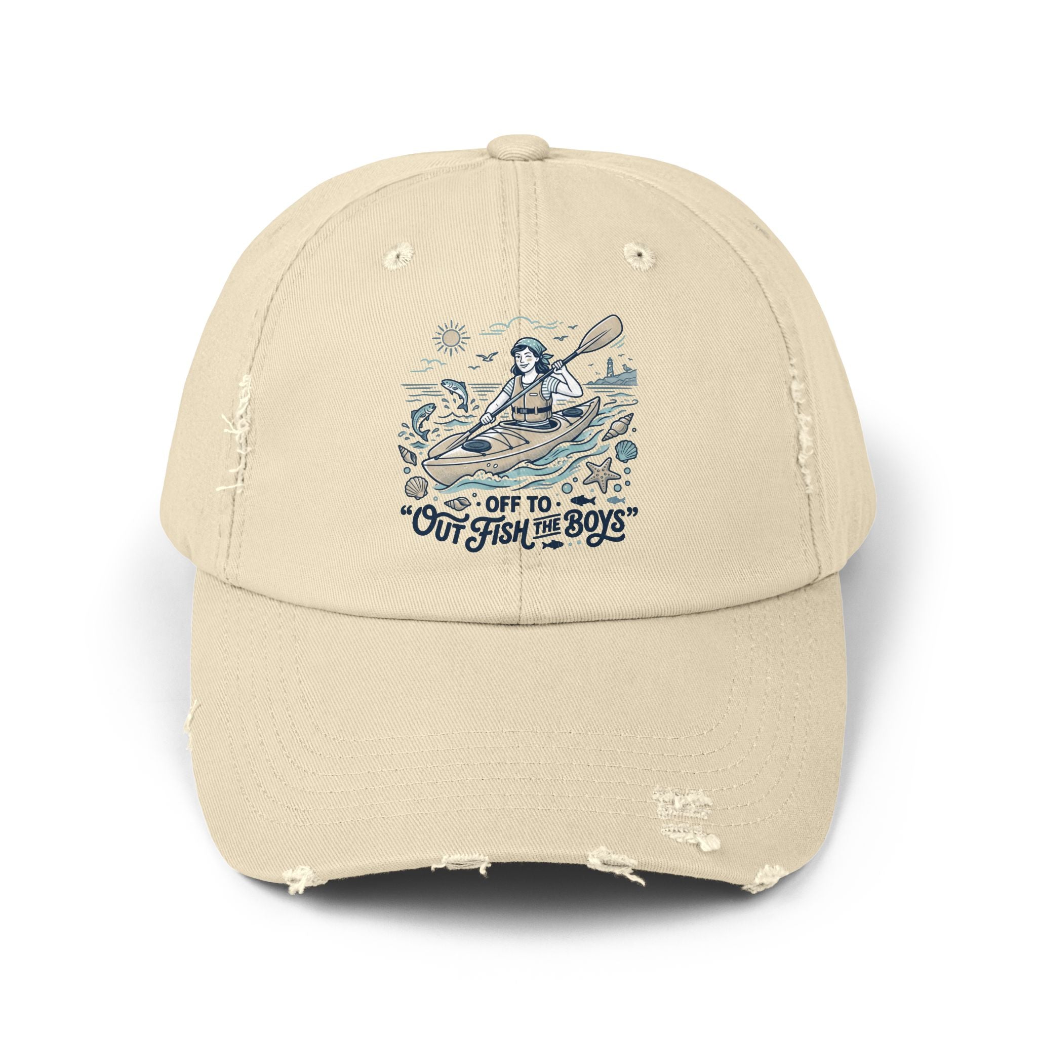Distressed Cap - "Out to Outfish the Boys" Kayak Fishing Vintage Dad Hat