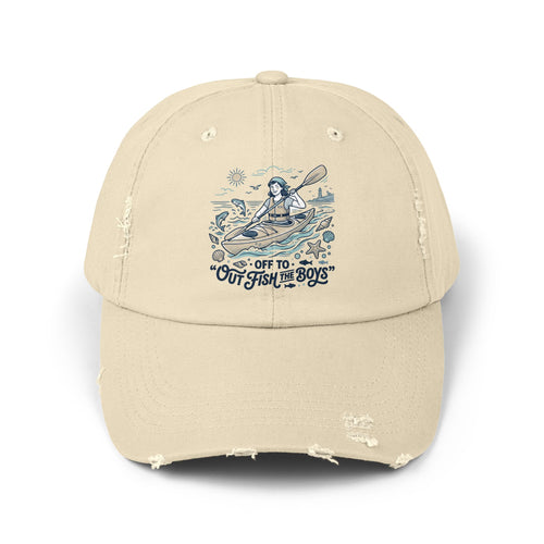 Distressed Cap - "Out to Outfish the Boys" Kayak Fishing Vintage Dad Hat